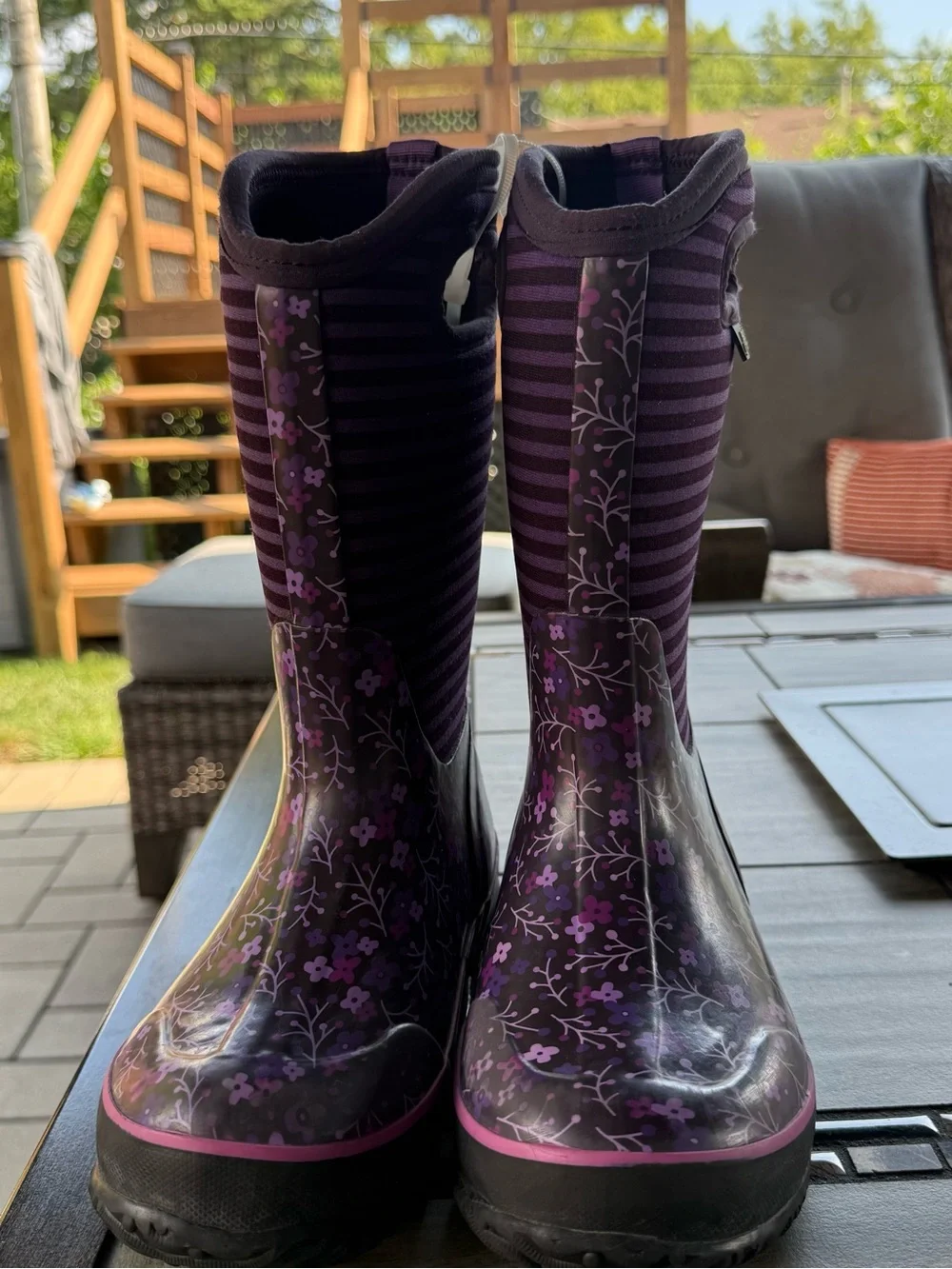 Bogs kids Purple Floral Stripe Waterproof Rain Boots